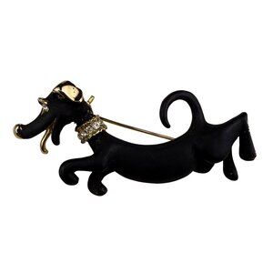 Black & Gold Tone Dachshund Dog Brooch With Rhinestone Collar Elegant Pin